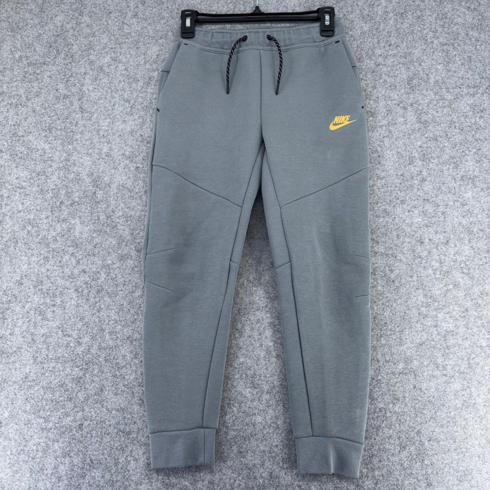 Nike Tech Fleece Joggers Mens Medium Grey Yellow Logo Tapered Sweatpants